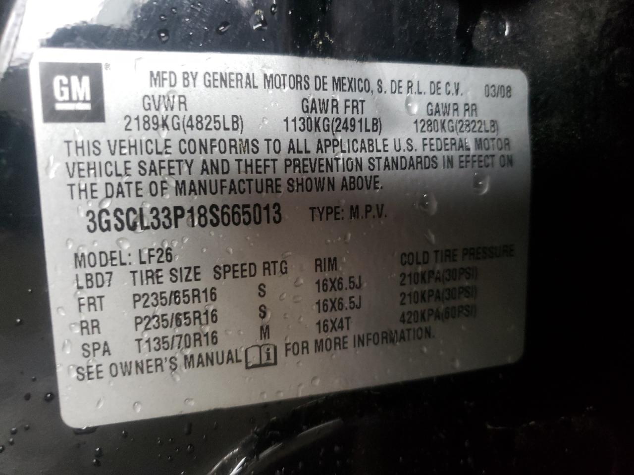 Photo 10 from auction – 2008 SATURN VUE XE with VIN 3GSCL33P18S665013