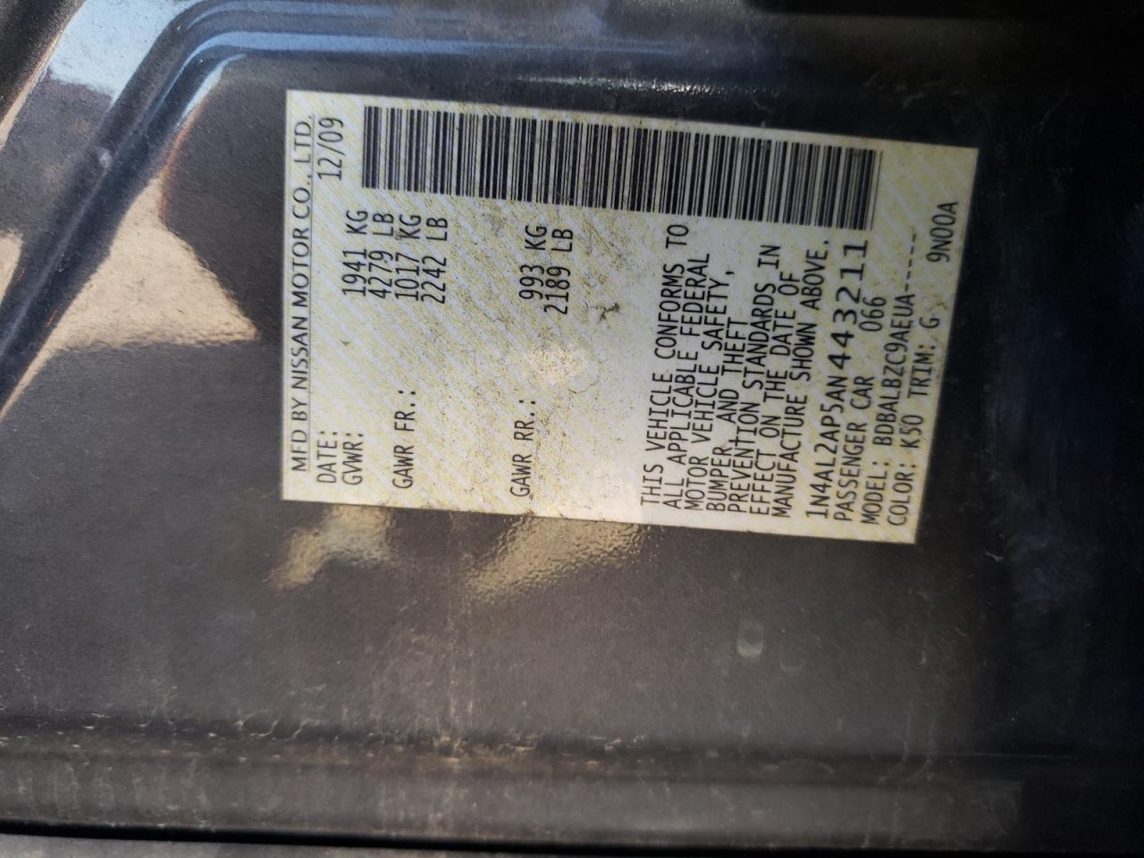 Photo 10 from auction – 2010 NISSAN ALTIMA BAS with VIN 1N4AL2AP5AN443211