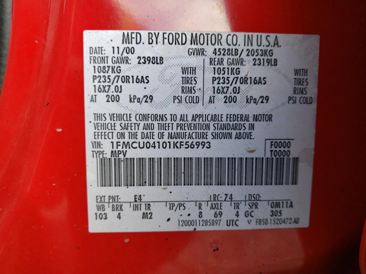 Photo 10 from auction – 2001 FORD ESCAPE XLT with VIN 1FMCU04101KF56993