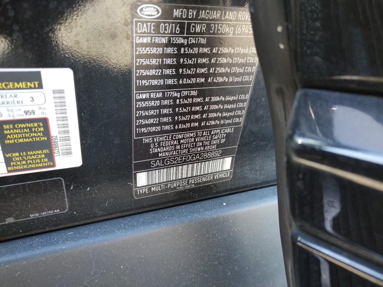 Photo 10 from auction – 2016 LAND ROVER RANGE ROVE with VIN SALGS2EF0GA288892