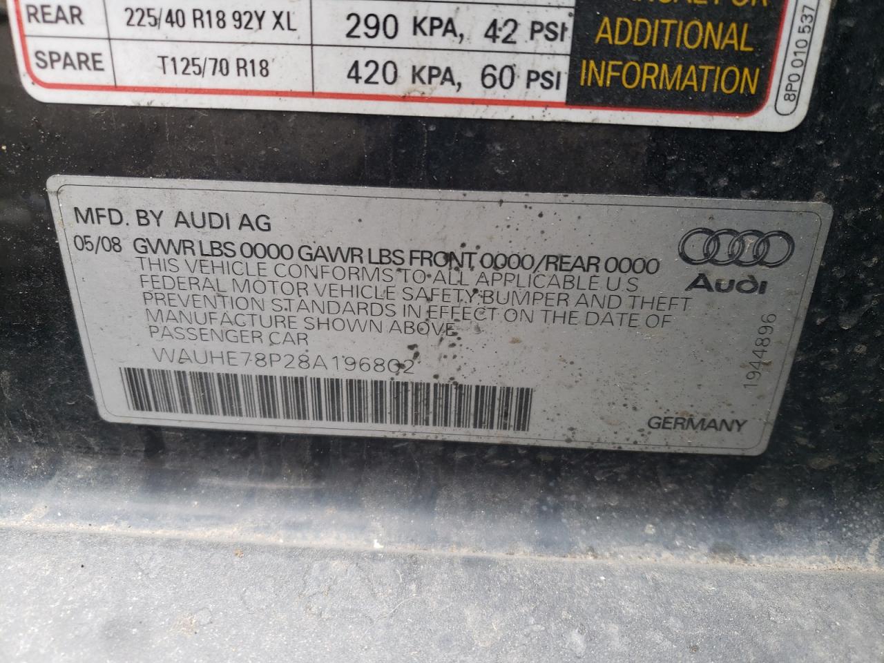 Photo 10 from auction – 2008 AUDI A3 2.0 with VIN WAUHE78P28A196802
