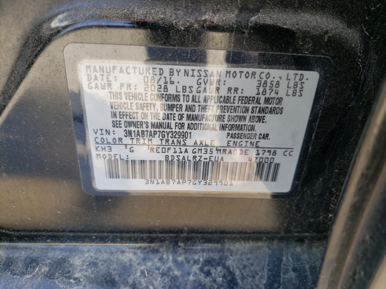 Photo 10 from auction – 2016 NISSAN SENTRA S with VIN 3N1AB7AP7GY329901