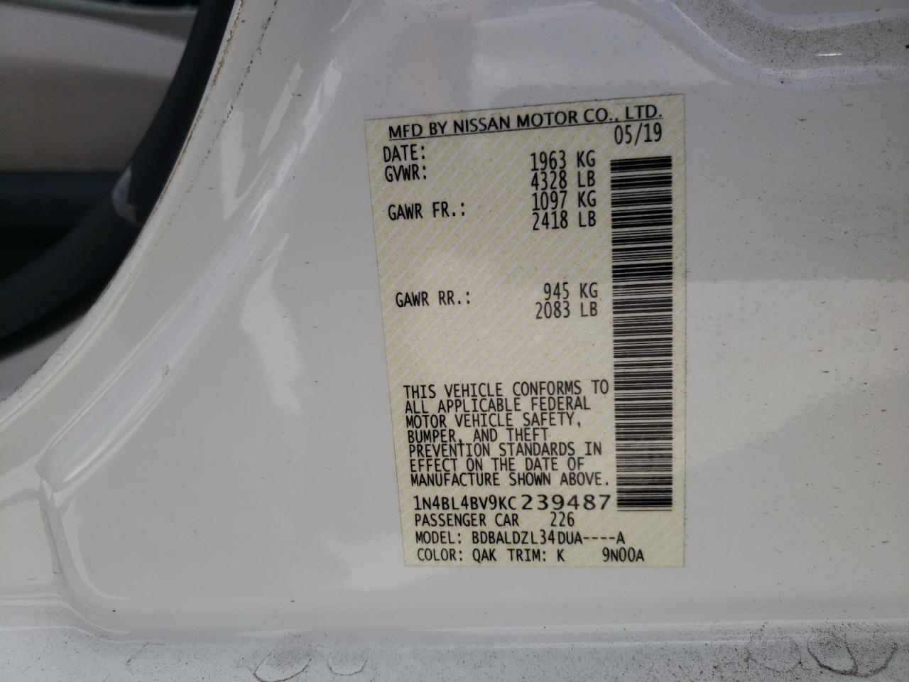 Photo 10 from auction – 2019 NISSAN ALTIMA S with VIN 1N4BL4BV9KC239487