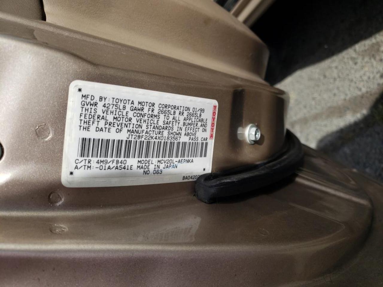 Photo 10 from auction – 1999 TOYOTA CAMRY LE with VIN JT2BF22K4X0183567