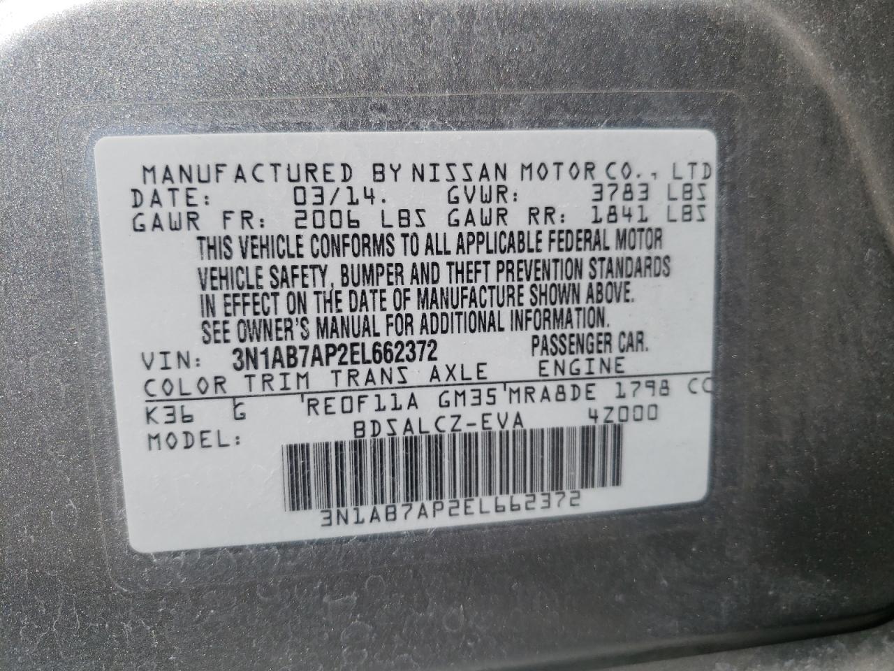 Photo 10 from auction – 2014 NISSAN SENTRA S with VIN 3N1AB7AP2EL662372
