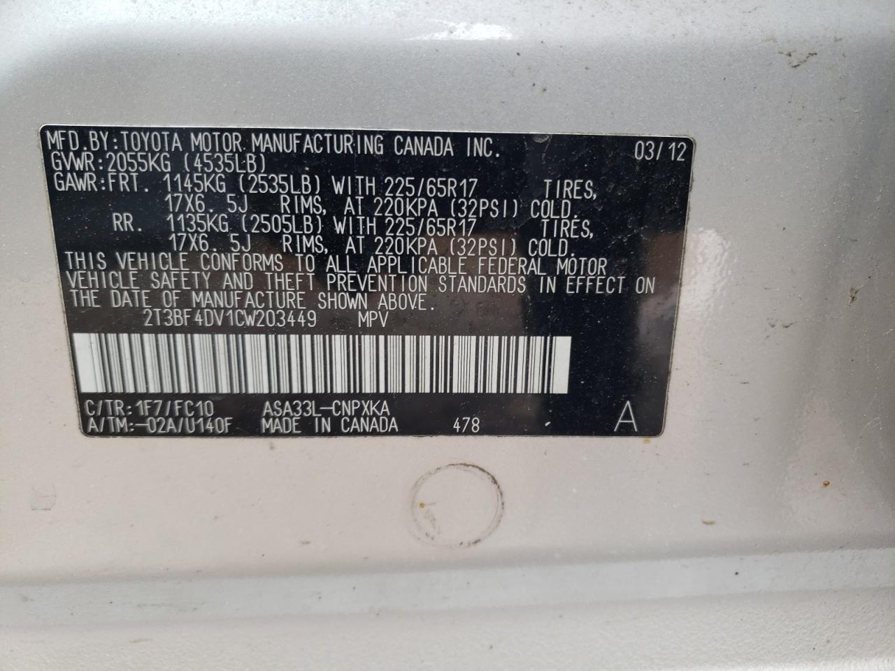 Photo 10 from auction – 2012 TOYOTA RAV4 with VIN 2T3BF4DV1CW203449