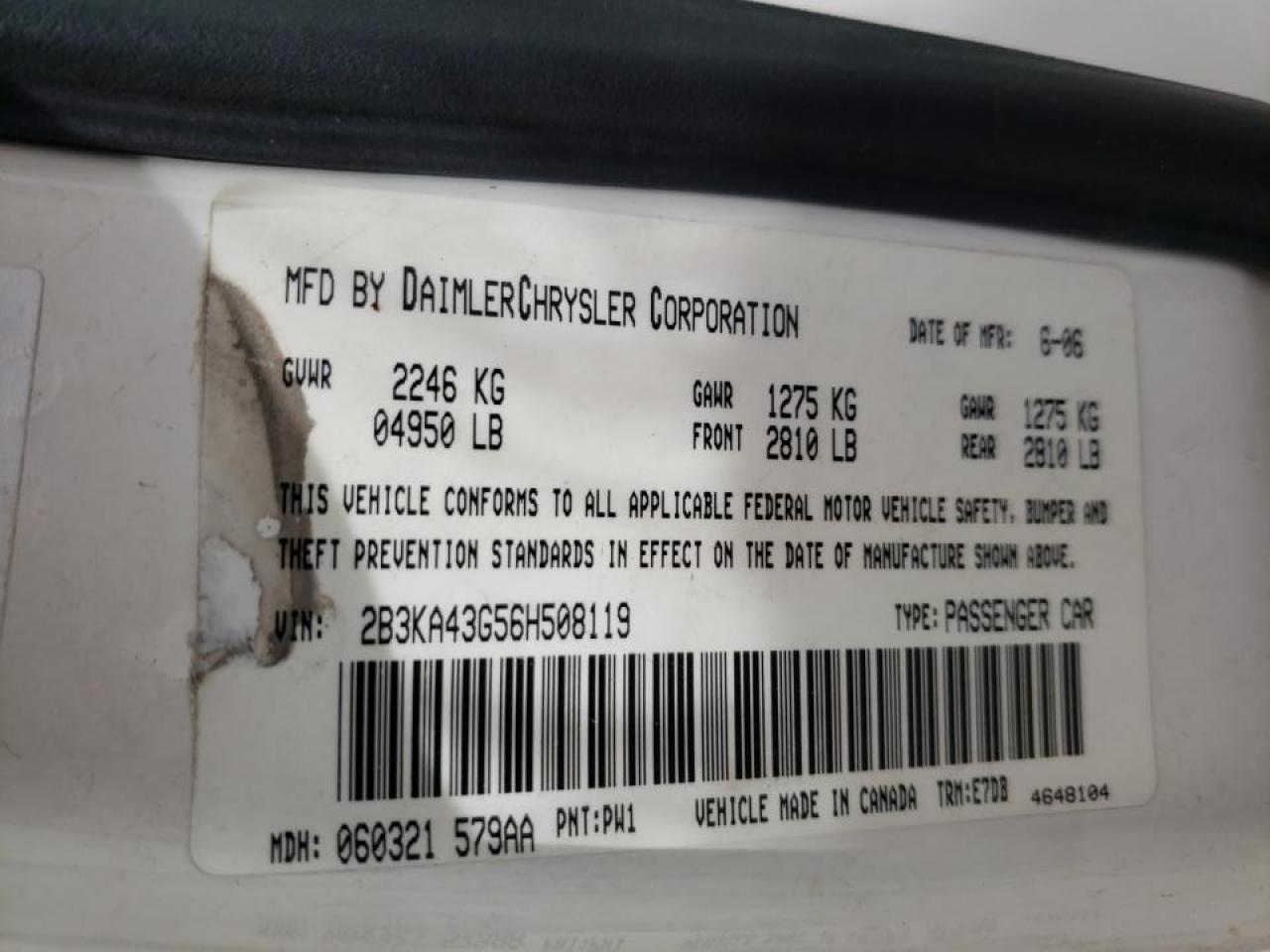 Photo 10 from auction – 2006 DODGE CHARGER SE with VIN 2B3KA43G56H508119