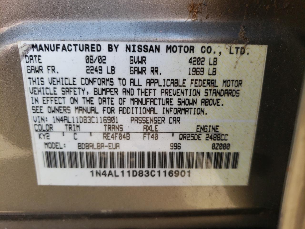 Photo 10 from auction – 2003 NISSAN ALTIMA BAS with VIN 1N4AL11D83C116901