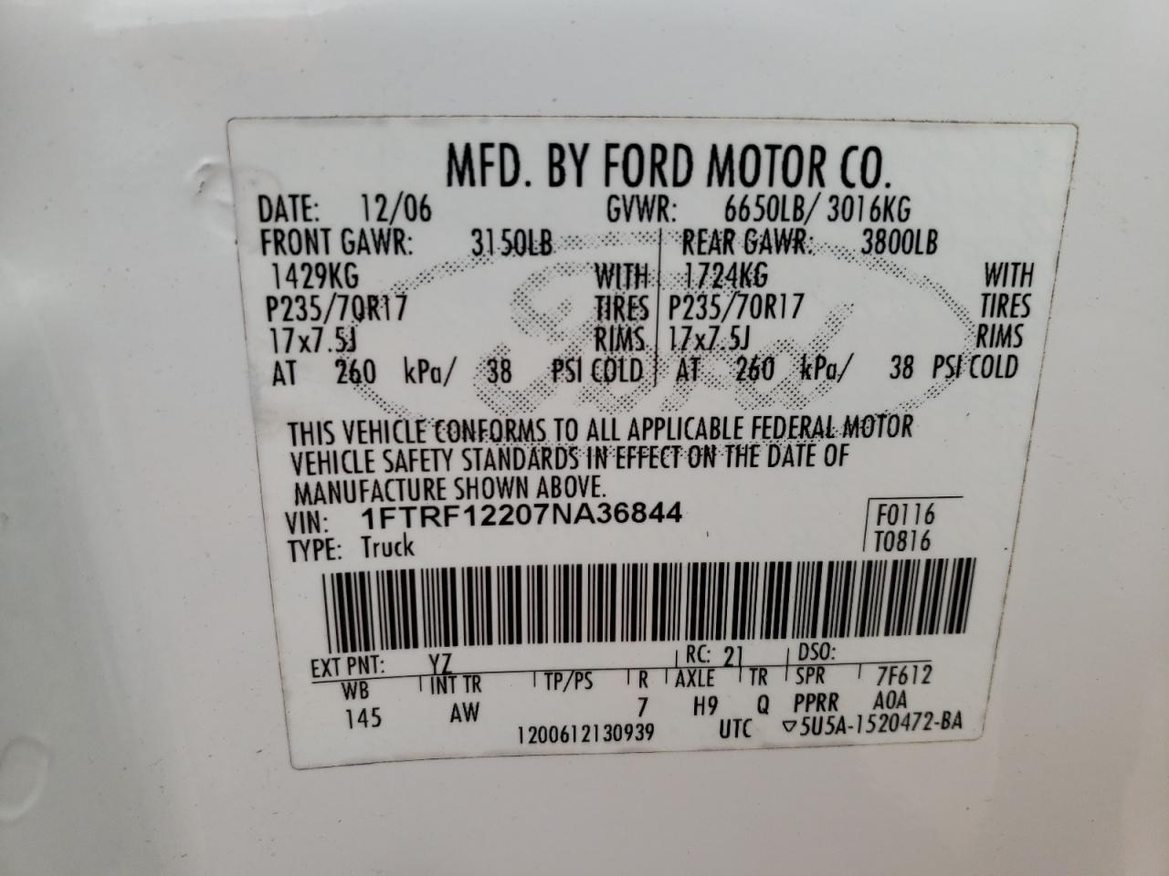 Photo 10 from auction – 2007 FORD F150 with VIN 1FTRF12207NA36844