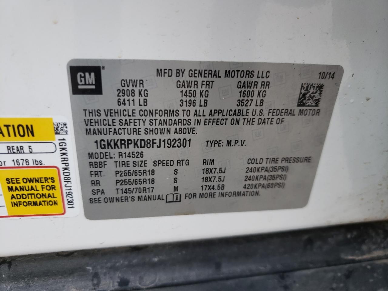 Photo 10 from auction – 2015 GMC ACADIA SLE with VIN 1GKKRPKD8FJ192301