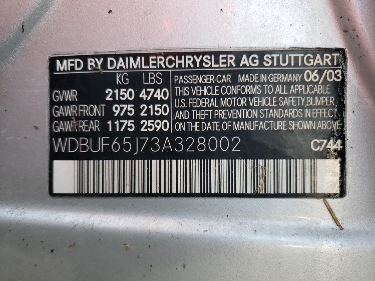 Photo 10 from auction – 2003 MERCEDES-BENZ E 320 with VIN WDBUF65J73A328002