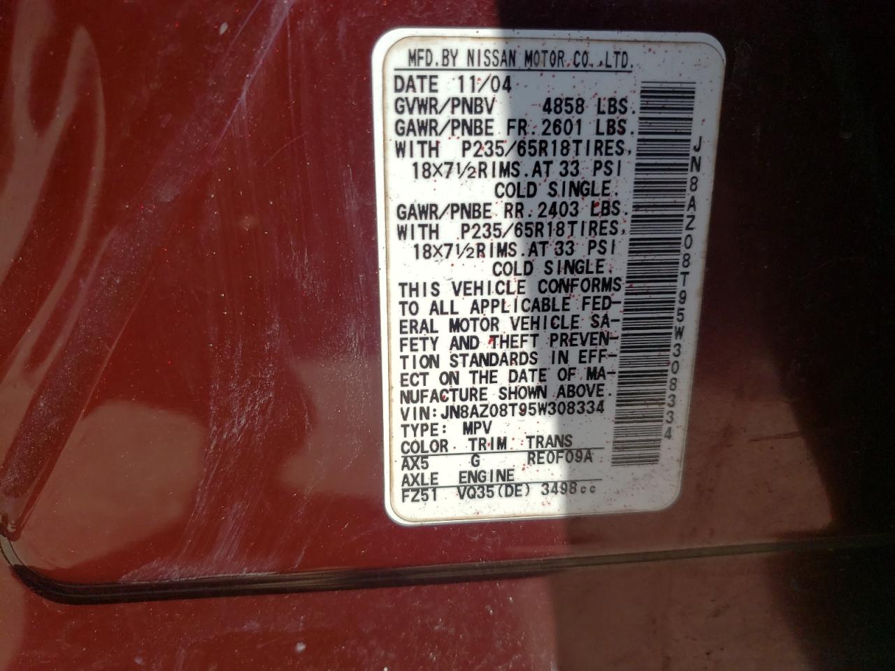 Photo 10 from auction – 2005 NISSAN MURANO SL with VIN JN8AZ08T95W308334