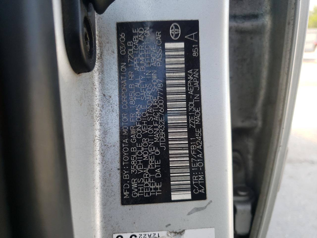 Photo 10 from auction – 2006 TOYOTA COROLLA CE with VIN JTDBR32E760077787