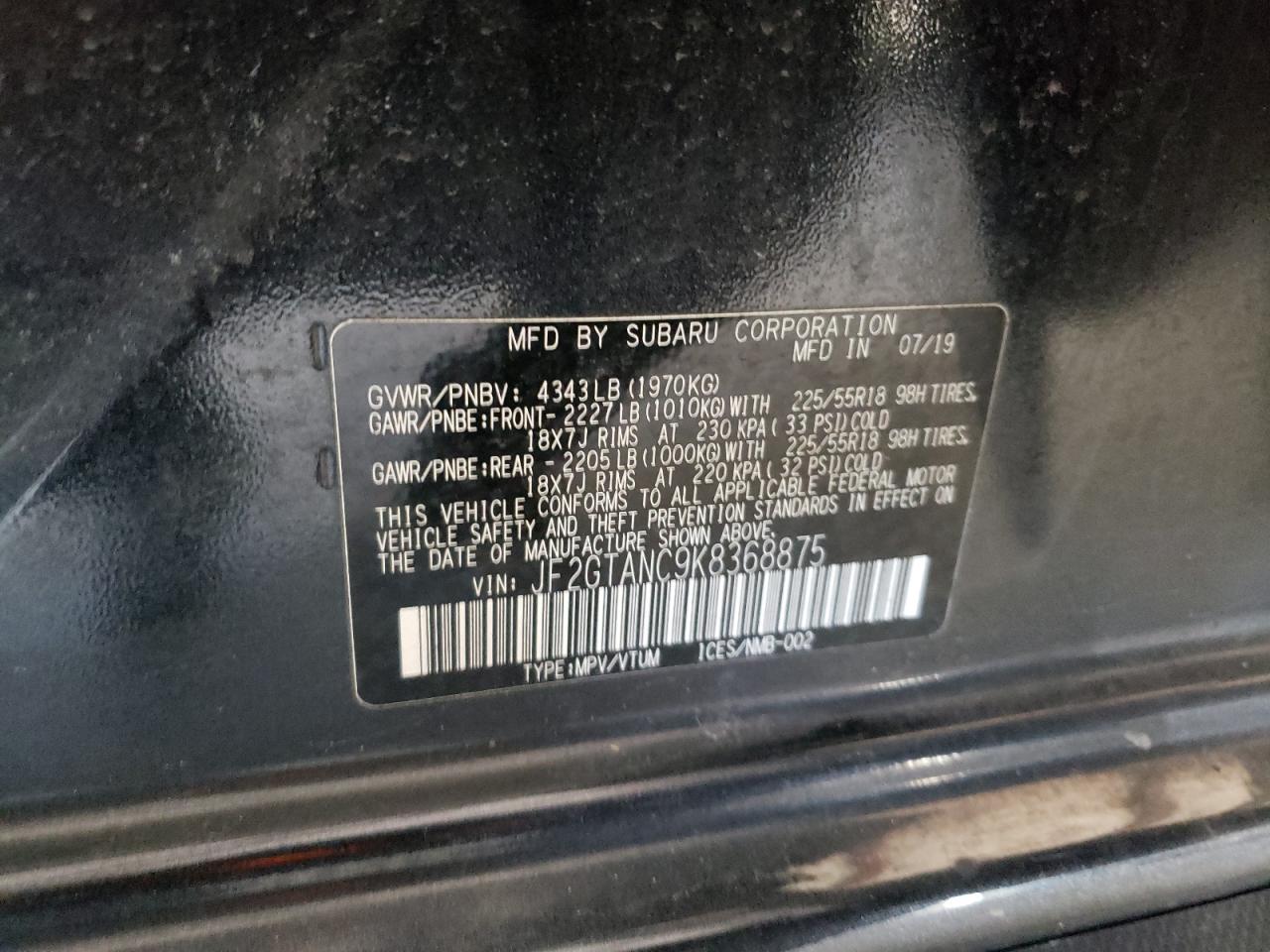 Photo 10 from auction – 2019 SUBARU CROSSTREK with VIN JF2GTANC9K8368875