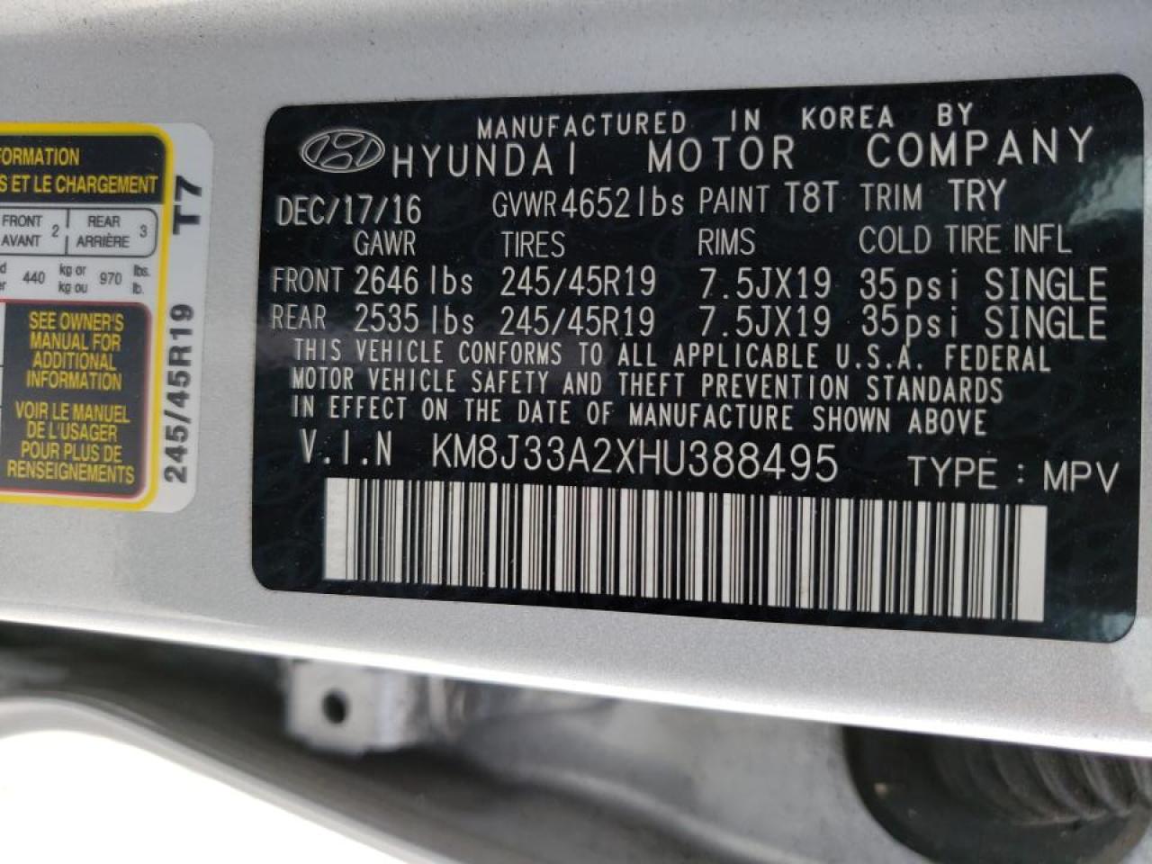 Photo 10 from auction – 2017 HYUNDAI TUCSON LIM with VIN KM8J33A2XHU388495