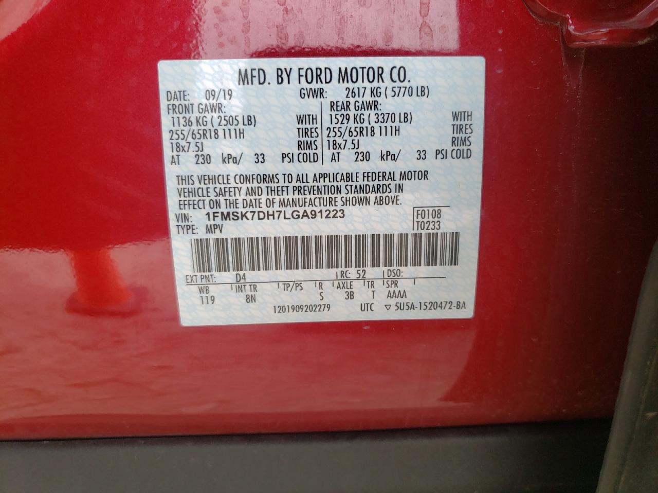 Photo 10 from auction – 2020 FORD EXPLORER X with VIN 1FMSK7DH7LGA91223