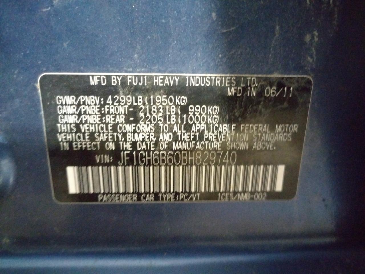 Photo 10 from auction – 2011 SUBARU IMPREZA 2. with VIN JF1GH6B60BH829740