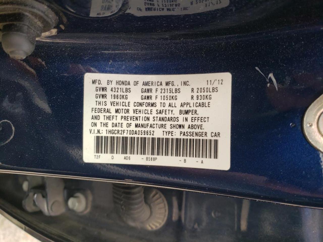 Photo 10 from auction – 2013 HONDA ACCORD EX with VIN 1HGCR2F70DA059652