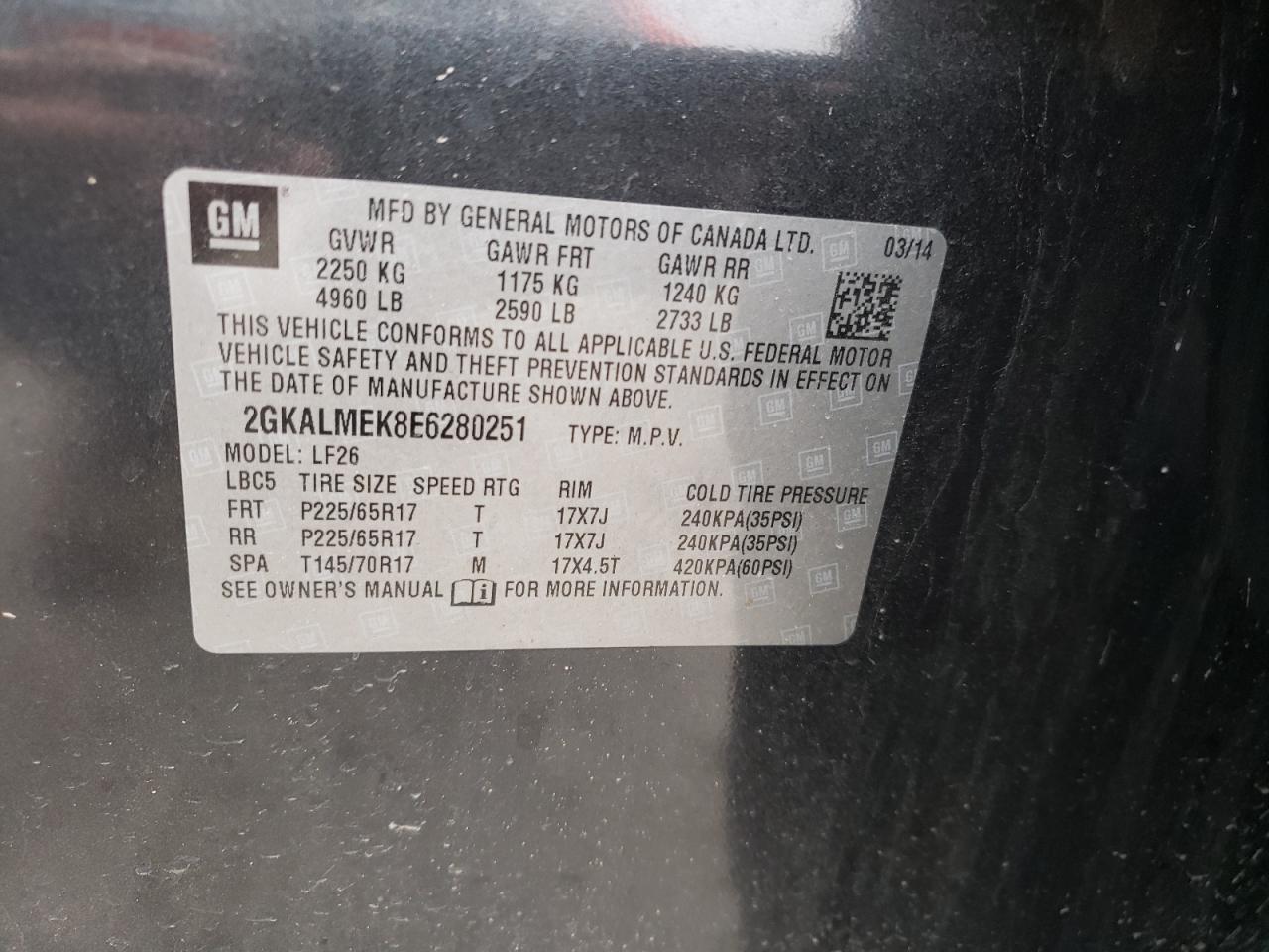 Photo 10 from auction – 2014 GMC TERRAIN SL with VIN 2GKALMEK8E6280251