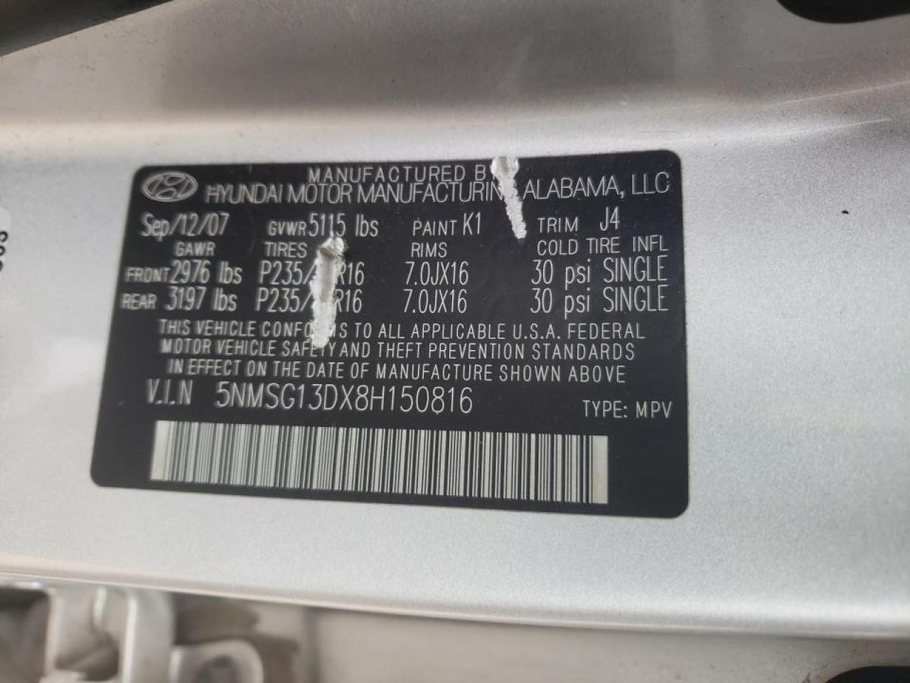 Photo 10 from auction – 2008 HYUNDAI SANTA FE G with VIN 5NMSG13DX8H150816