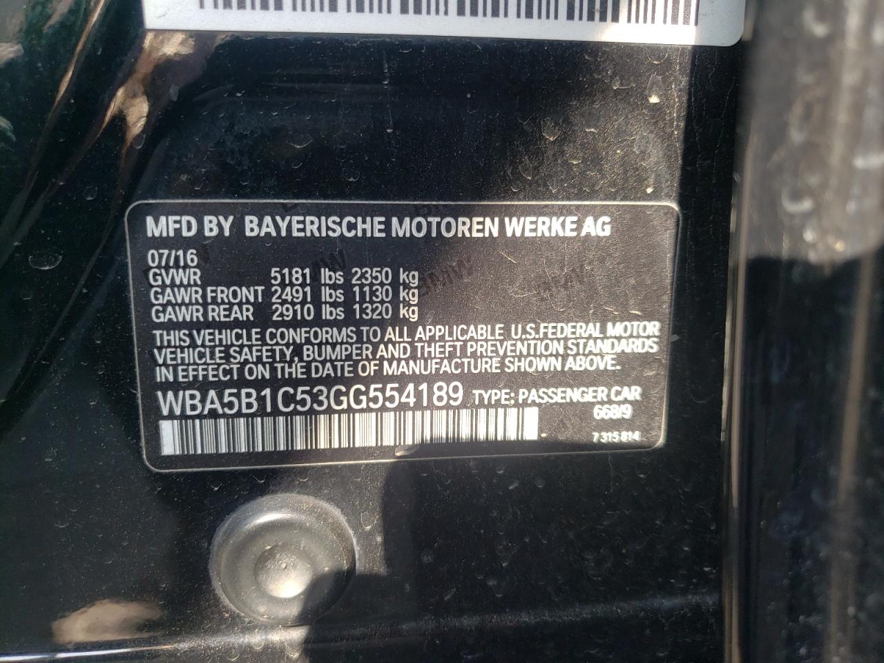Photo 10 from auction – 2016 BMW 535 I with VIN WBA5B1C53GG554189