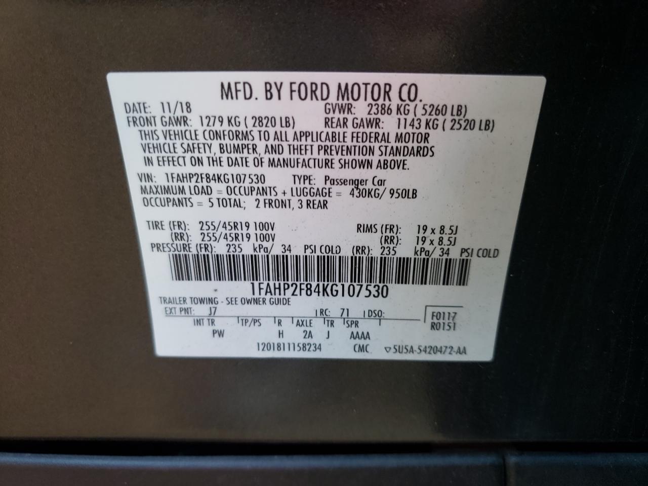 Photo 10 from auction – 2019 FORD TAURUS LIM with VIN 1FAHP2F84KG107530