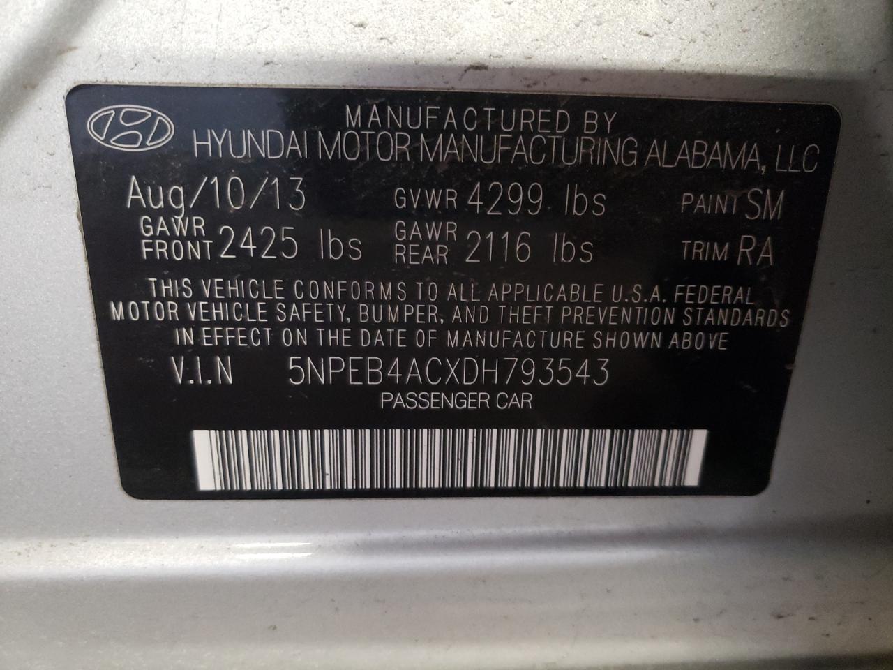 Photo 10 from auction – 2013 HYUNDAI SONATA GLS with VIN 5NPEB4ACXDH793543