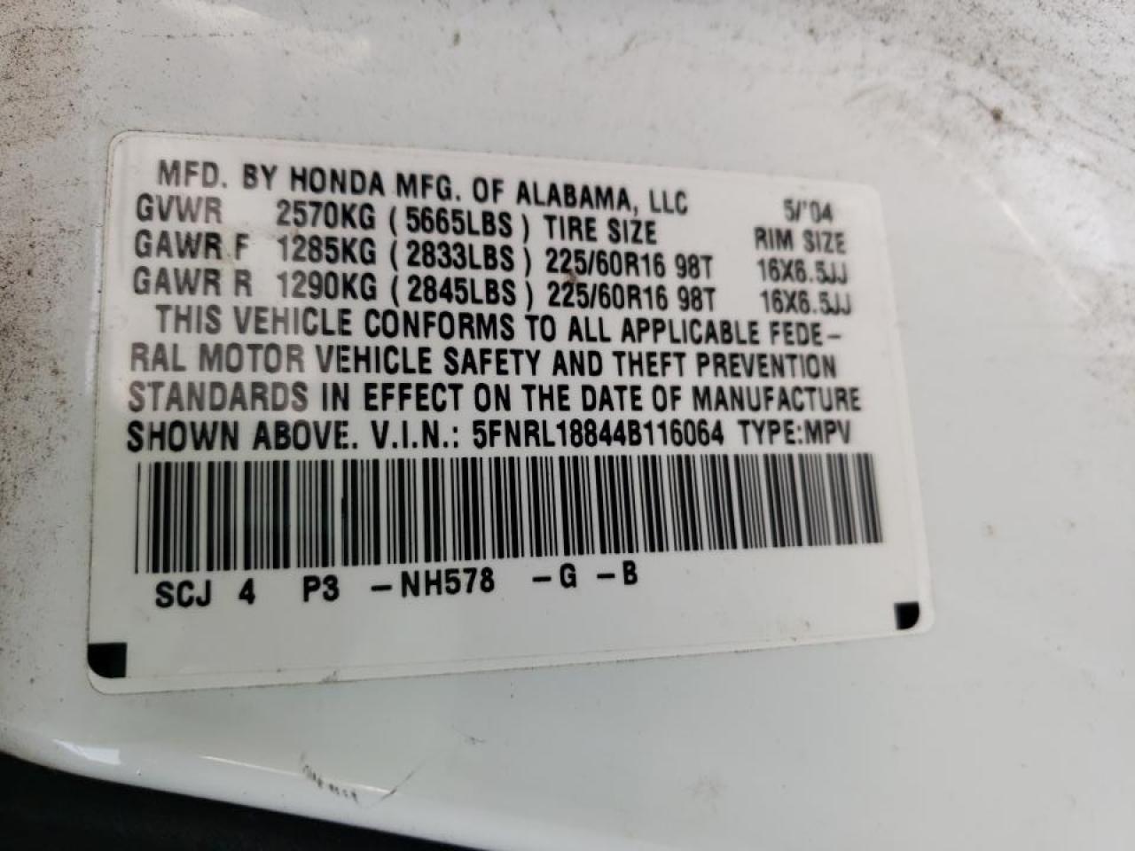 Photo 10 from auction – 2004 HONDA ODYSSEY EX with VIN 5FNRL18844B116064