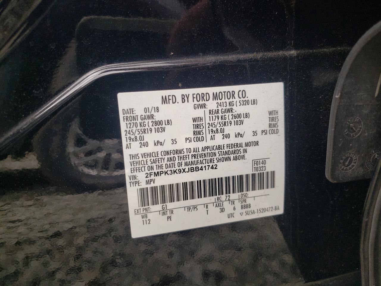 Photo 10 from auction – 2018 FORD EDGE TITAN with VIN 2FMPK3K9XJBB41742