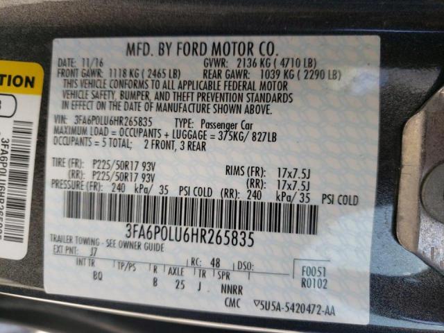 Photo 10 from auction – 2017 FORD FUSION SE with VIN 3FA6P0LU6HR265835