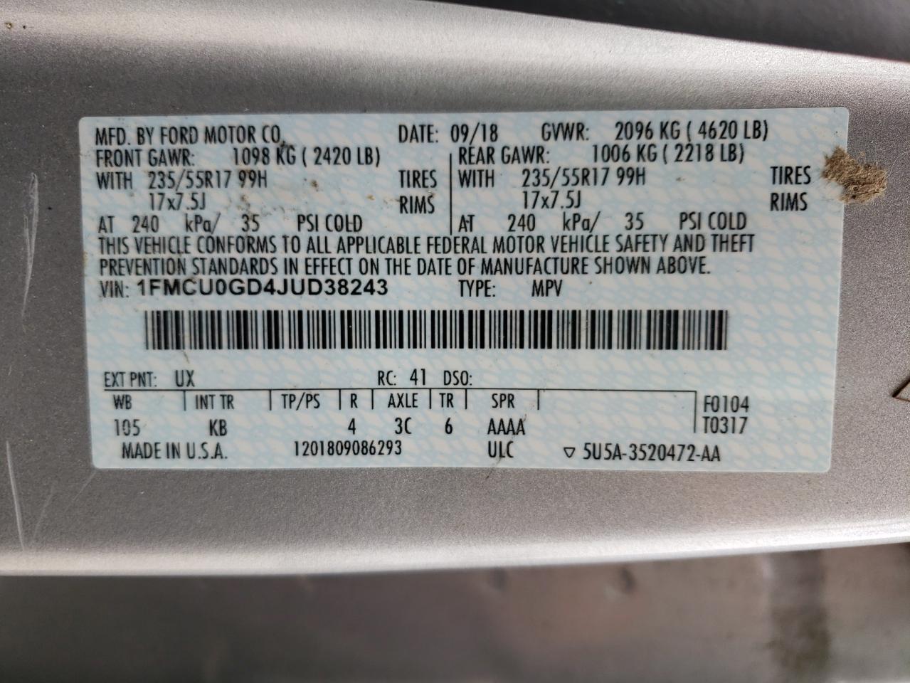 Photo 10 from auction – 2018 FORD ESCAPE SE with VIN 1FMCU0GD4JUD38243