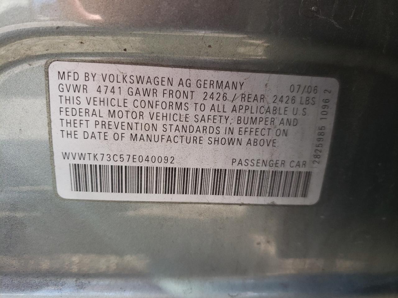 Photo 10 from auction – 2007 VOLKSWAGEN PASSAT 2.0 with VIN WVWTK73C57E040092