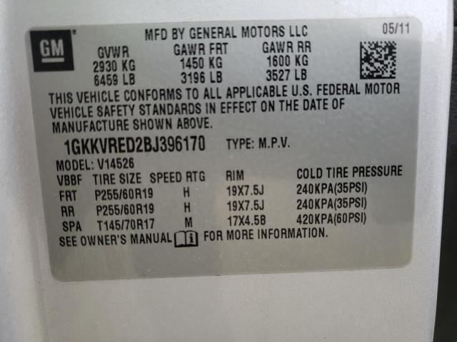 Photo 10 from auction – 2011 GMC ACADIA SLT with VIN 1GKKVRED2BJ396170