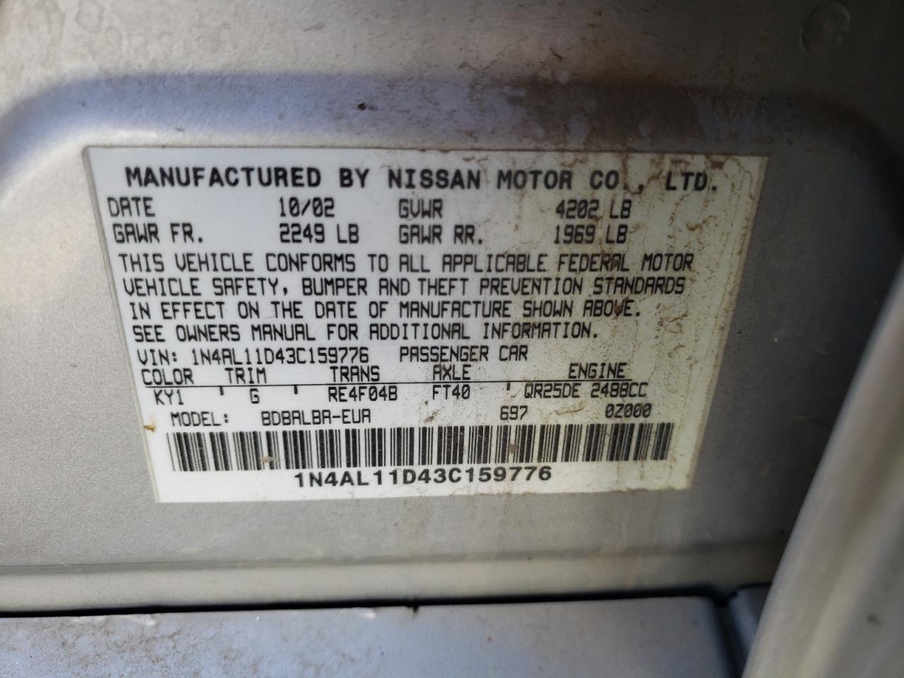 Photo 10 from auction – 2003 NISSAN ALTIMA BAS with VIN 1N4AL11D43C159776
