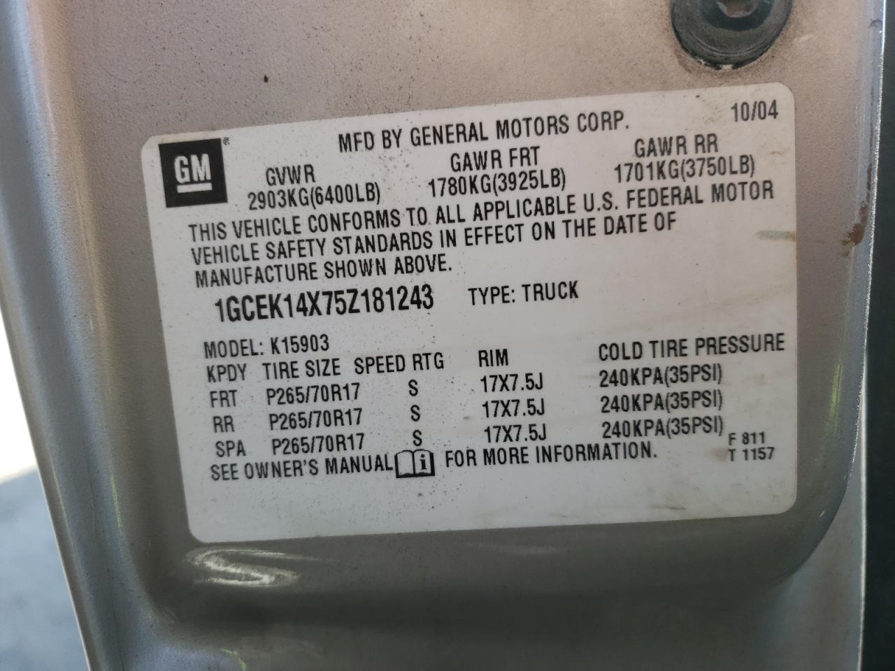 Photo 10 from auction – 2005 CHEVROLET SILVERADO with VIN 1GCEK14X75Z181243