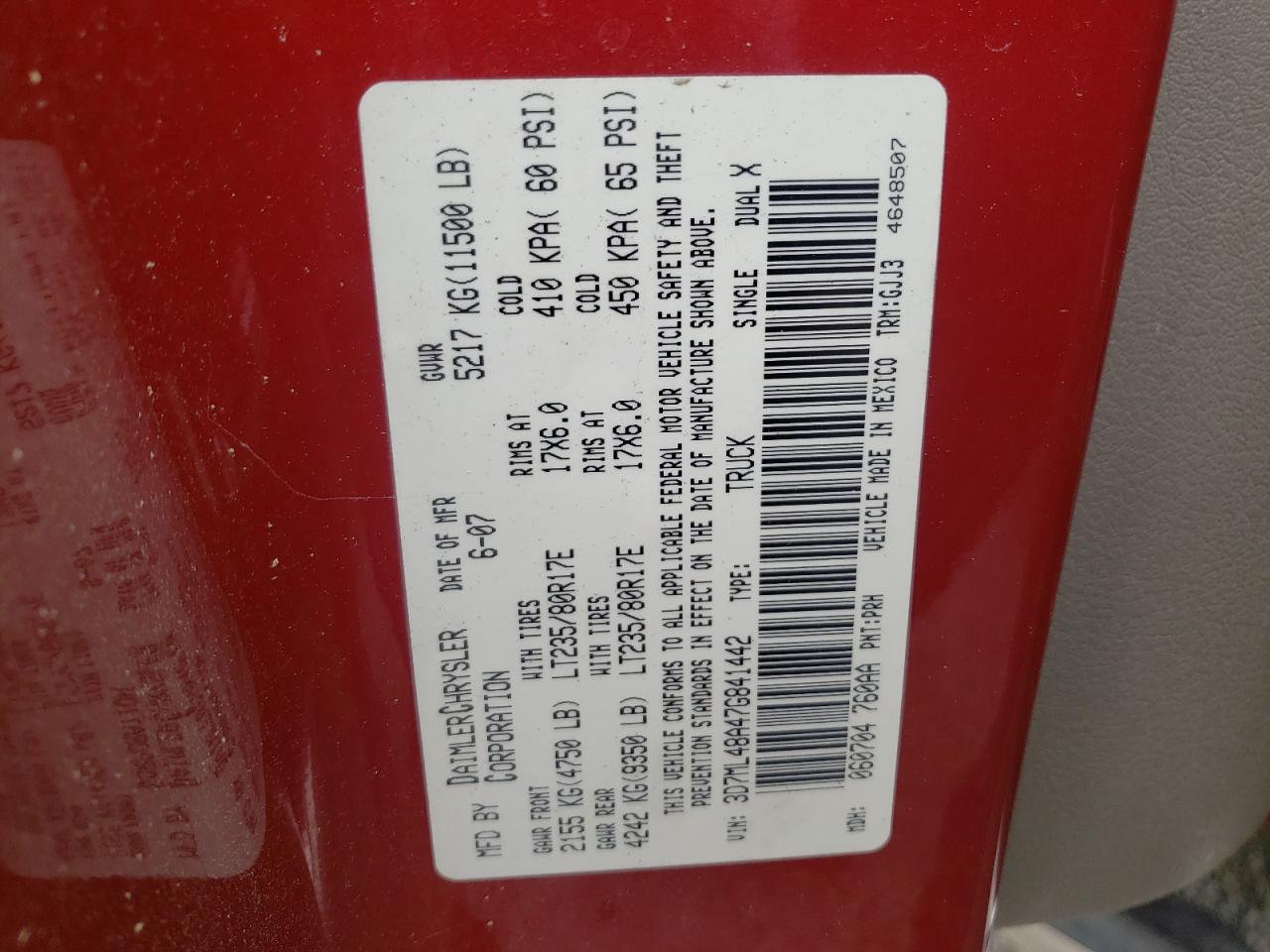 Photo 10 from auction – 2007 DODGE RAM 3500 S with VIN 3D7ML48A47G841442