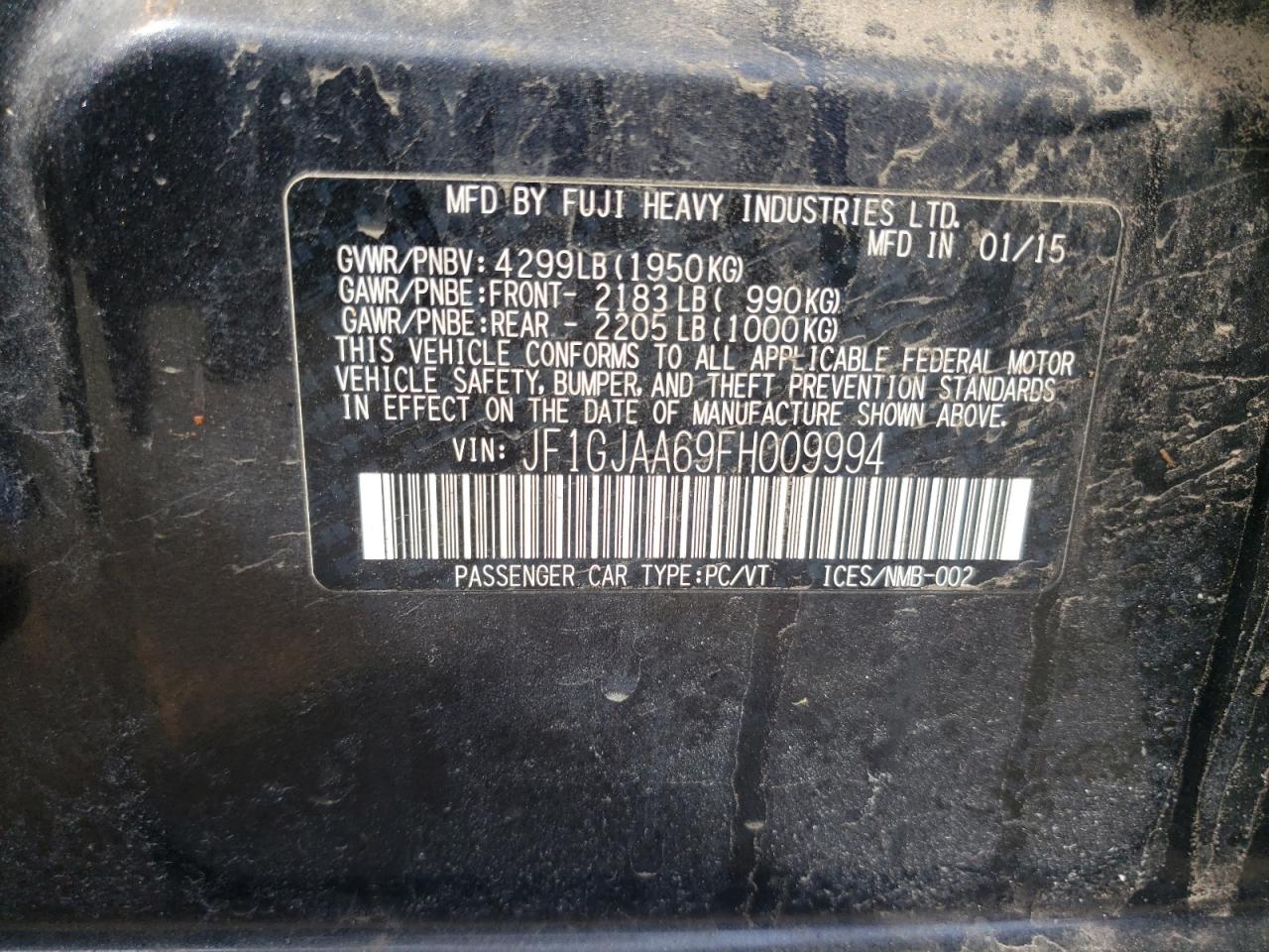 Photo 10 from auction – 2015 SUBARU IMPREZA with VIN JF1GJAA69FH009994