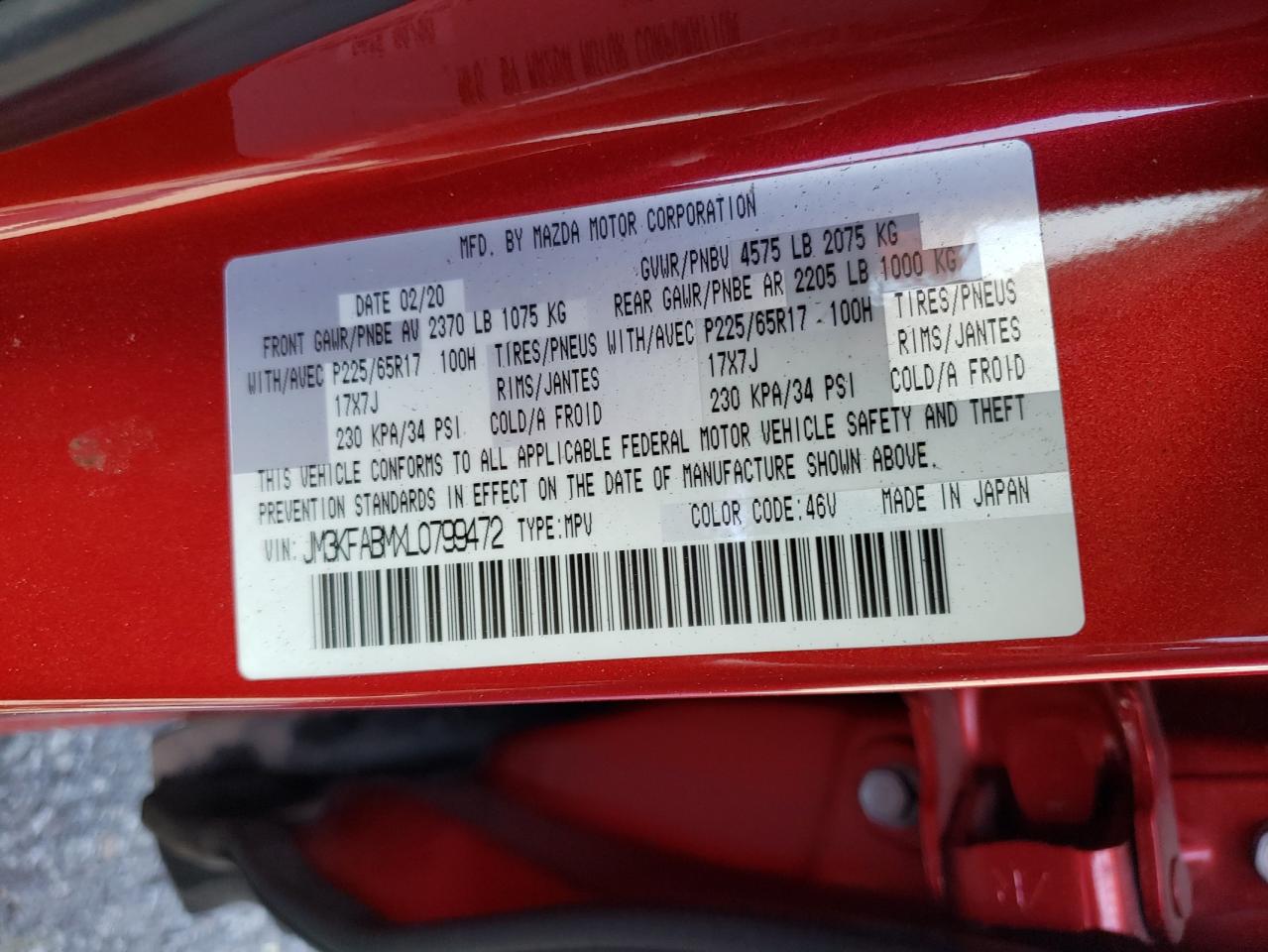 Photo 10 from auction – 2020 MAZDA CX-5 SPORT with VIN JM3KFABMXL0799472