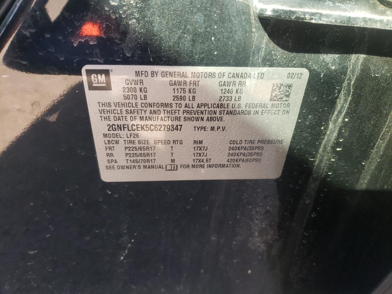 Photo 10 from auction – 2012 CHEVROLET EQUINOX LS with VIN 2GNFLCEK5C6279347