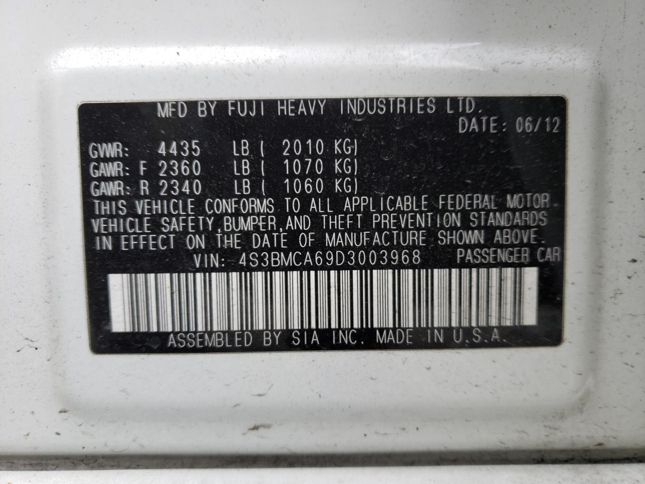 Photo 10 from auction – 2013 SUBARU LEGACY 2.5 with VIN 4S3BMCA69D3003968