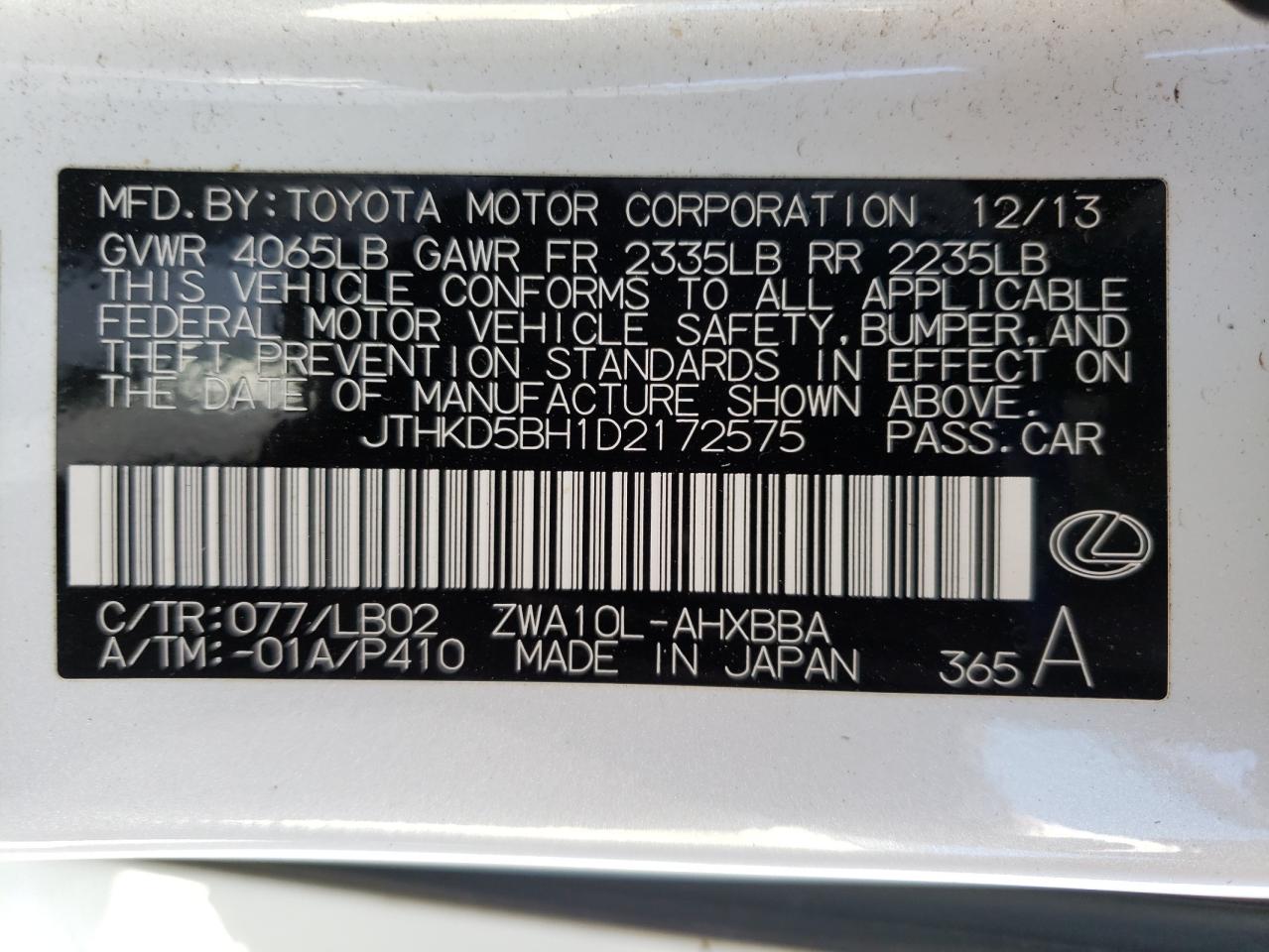 Photo 10 from auction – 2013 LEXUS CT 200 with VIN JTHKD5BH1D2172575