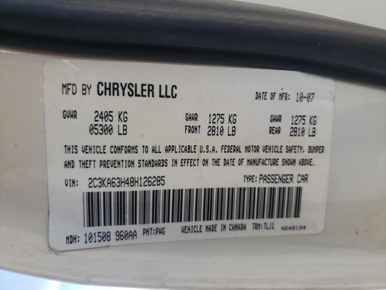 Фото 10 с аукциона – 2008 CHRYSLER 300C с VIN 2C3KA63H48H126285