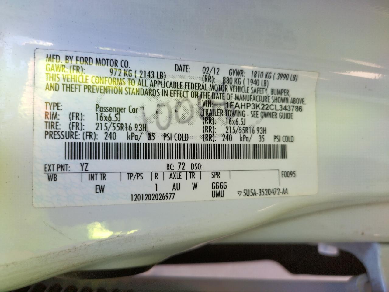 Photo 10 from auction – 2012 FORD FOCUS SE with VIN 1FAHP3K22CL343786