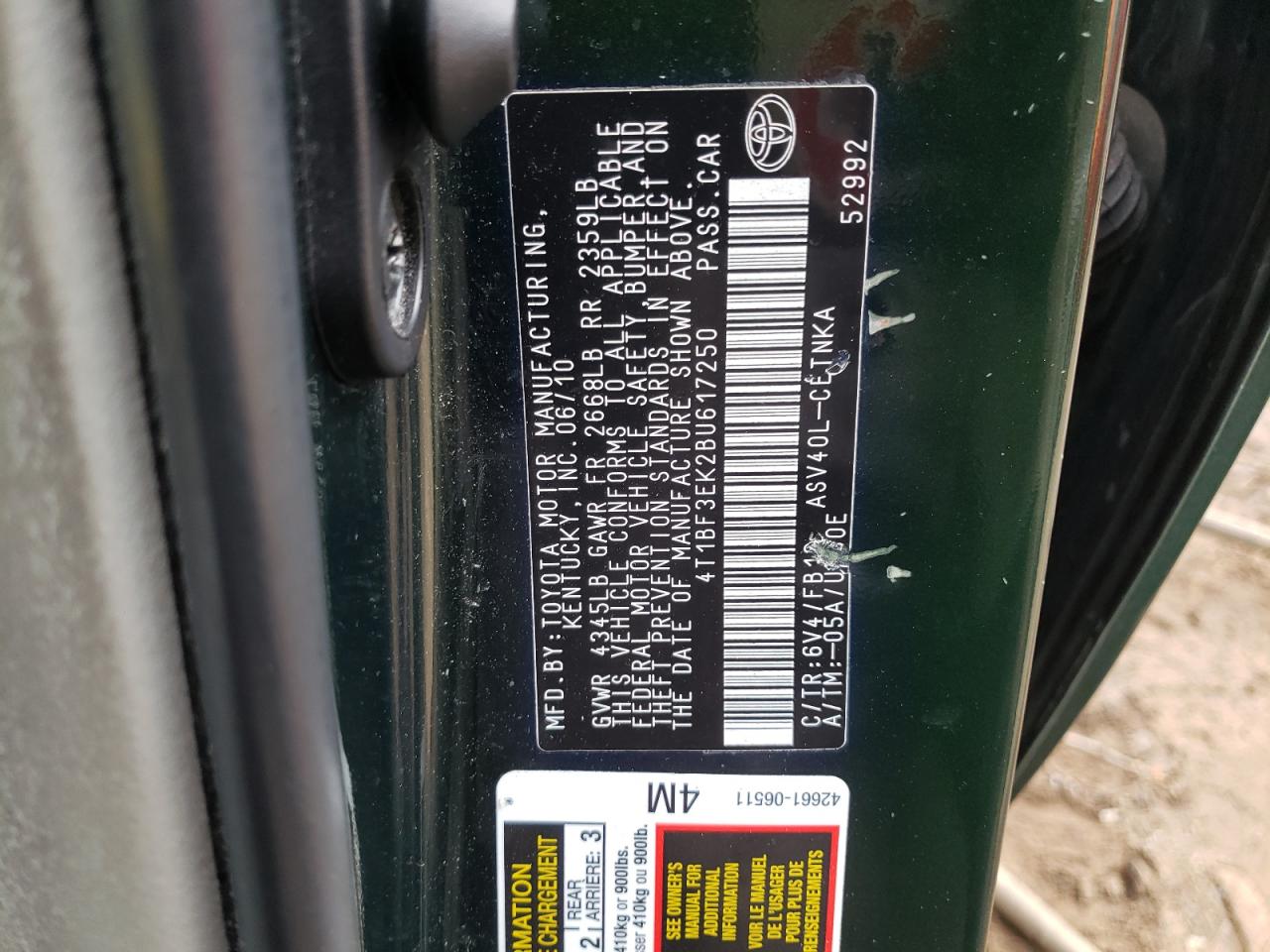 Photo 10 from auction – 2011 TOYOTA CAMRY BASE with VIN 4T1BF3EK2BU617250