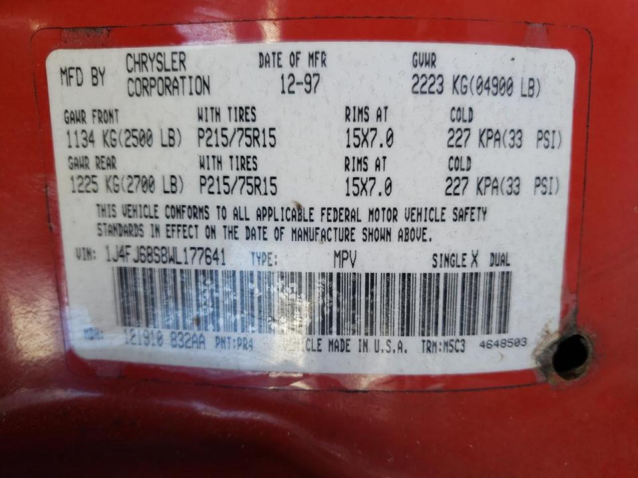 Photo 10 from auction – 1998 JEEP CHEROKEE S with VIN 1J4FJ68S8WL177641
