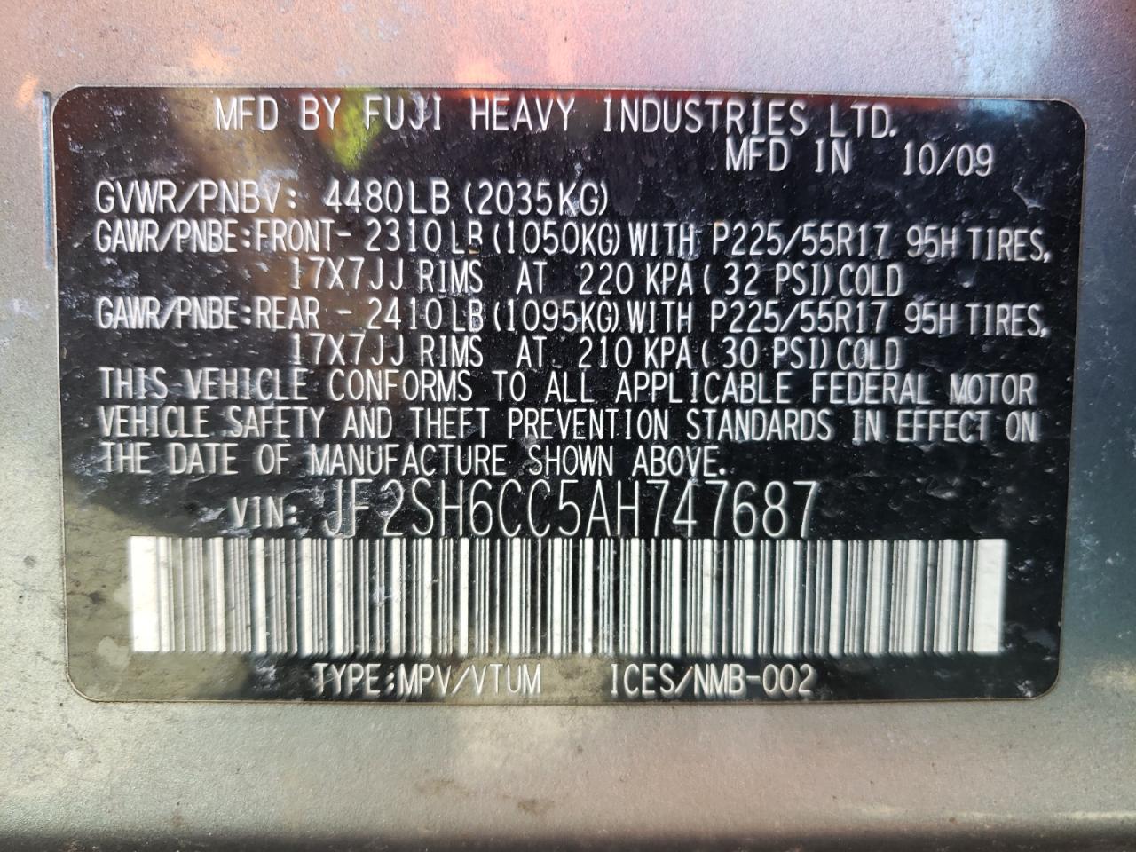 Photo 10 from auction – 2010 SUBARU FORESTER 2 with VIN JF2SH6CC5AH747687