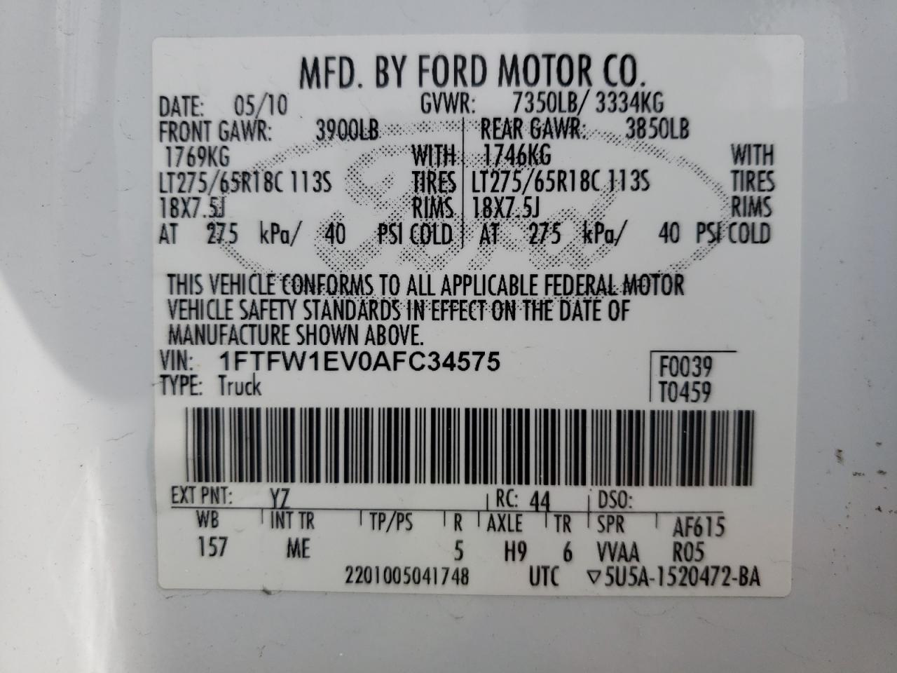 Photo 10 from auction – 2010 FORD F150 SUPER with VIN 1FTFW1EV0AFC34575