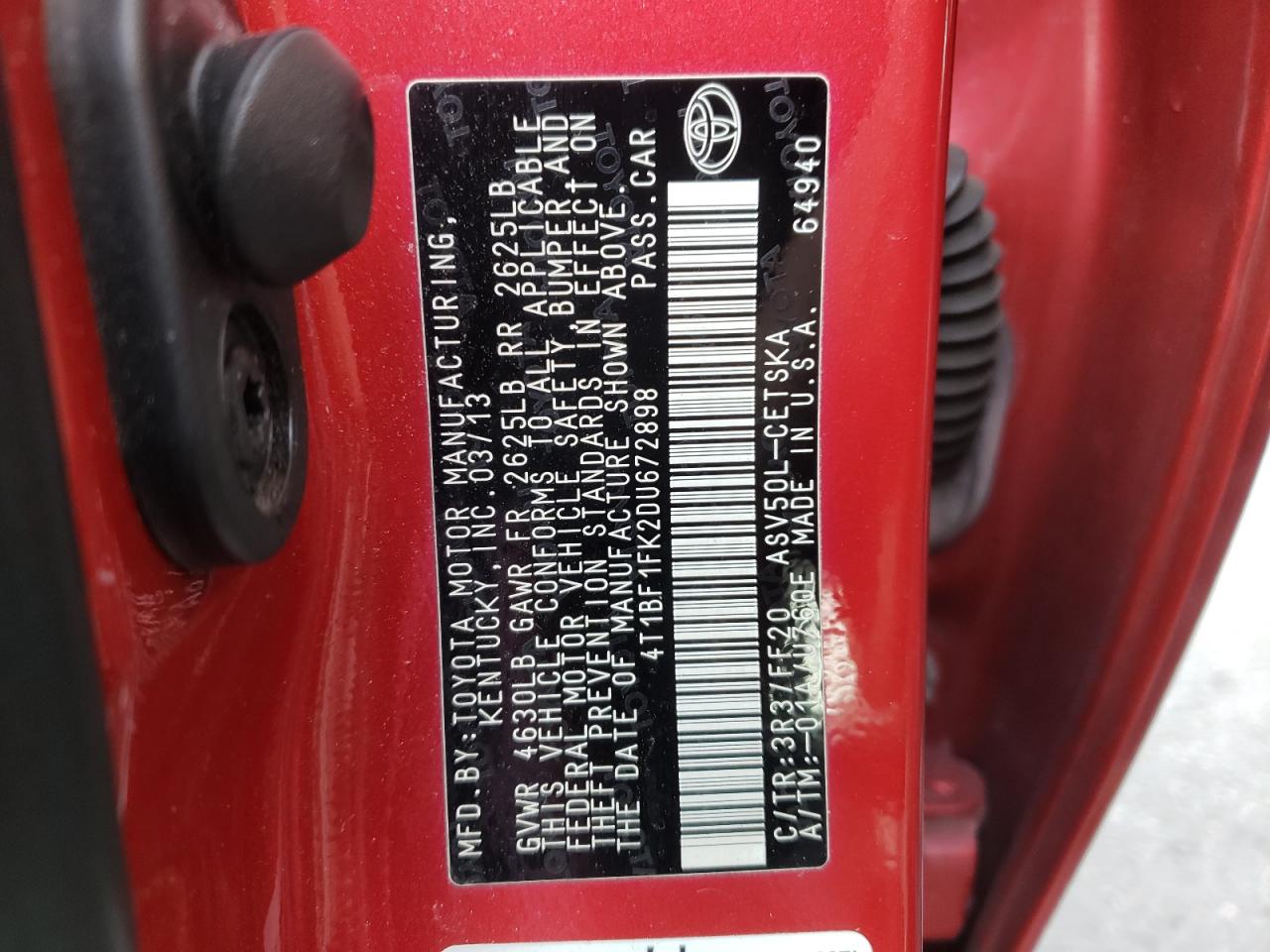 Photo 10 from auction – 2013 TOYOTA CAMRY L with VIN 4T1BF1FK2DU672898
