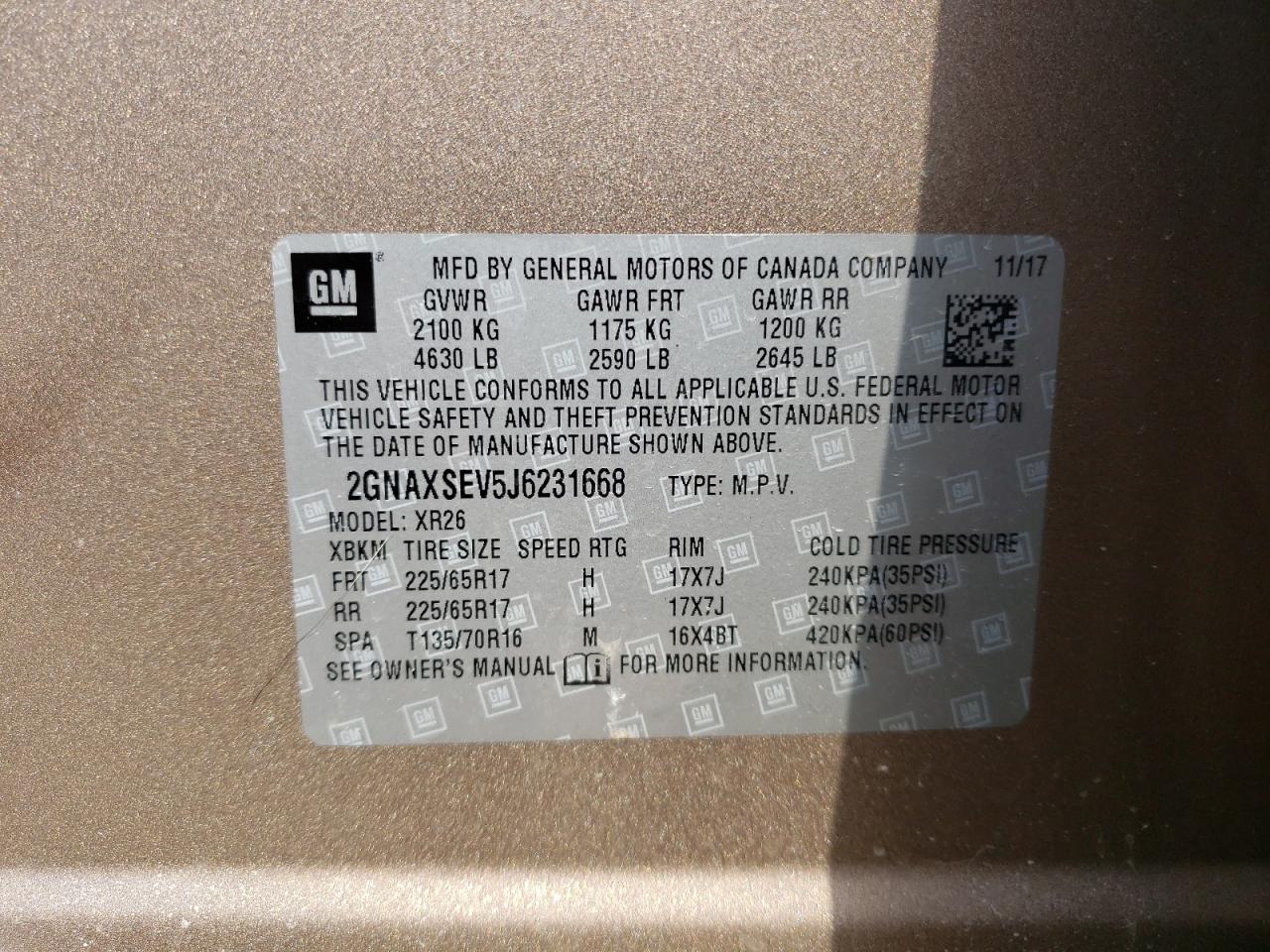 Photo 10 from auction – 2018 CHEVROLET EQUINOX LT with VIN 2GNAXSEV5J6231668