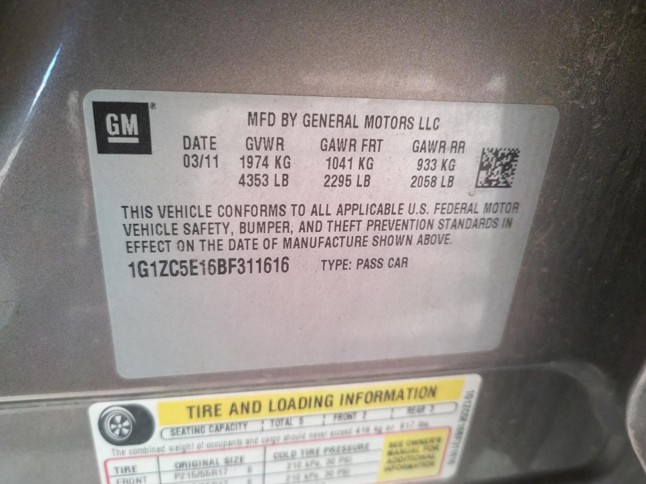 Photo 10 from auction – 2011 CHEVROLET MALIBU 1LT with VIN 1G1ZC5E16BF311616